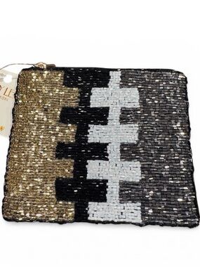 Kaylee New York Seed Bead Pouch, Gold Black White Colorblock Zip Clutch